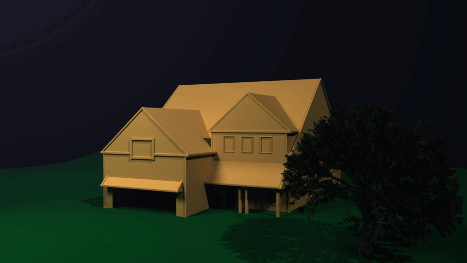 Volumetric lighting test on main target object, house